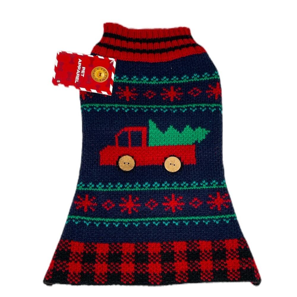Pet Apparel Pickup Truck Christmas Tree Dog Sweater Navy Red Green Size Small
